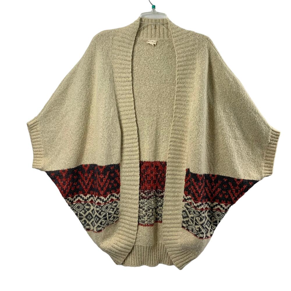 Hem & Thread Cardigan Women L Beige Southwestern Batwing Open Front Oversized